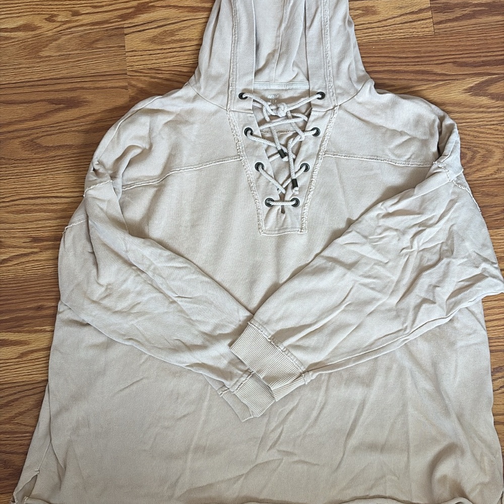 Aerie Cream Lace-Up Hoodie Sweater